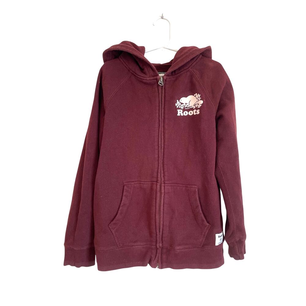 Roots Kids Full Zip Hoodie Sweatshirt Jacket Burgundy Logo Canada Size 7-8 y